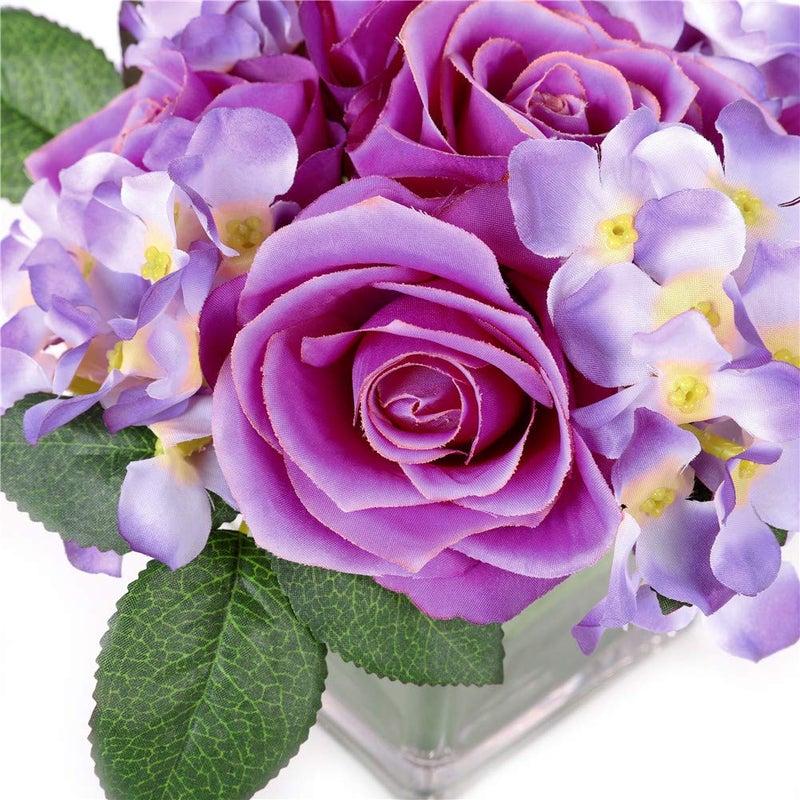 Fule Artificial Silk Rose Flower Centerpiece Arrangement in vase for Home Wedding Decoration (Light Purple) - Image 5